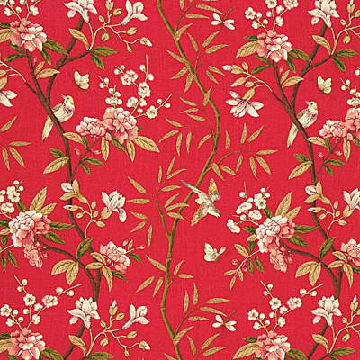 Peony & Blossom Red/Moss by G P & J Baker Designer Fabric PERANDOR COLLECTION LINEN - 100% United Kingdom LIGHT Horizontal: 26.989 and Vertical: 31.52 53.978 - Swanky Fabrics -