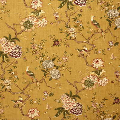 Oriental Bird Gold by G P & J Baker Designer Fabric MALLORY COLLECTION LINEN - 100% United Kingdom - Horizontal: 36.0116 and Vertical: 31.126 53.978 - Swanky Fabrics -