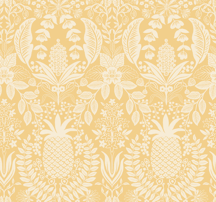 Pineapple Damask Yellow Wallpaper by Rifle Paper Co. Designer Rifle Paper Co. 3rd Edition Covers about 60.8 square feet 27-in by 27-ft long roll Unpasted 25.25 - Swanky Fabrics -