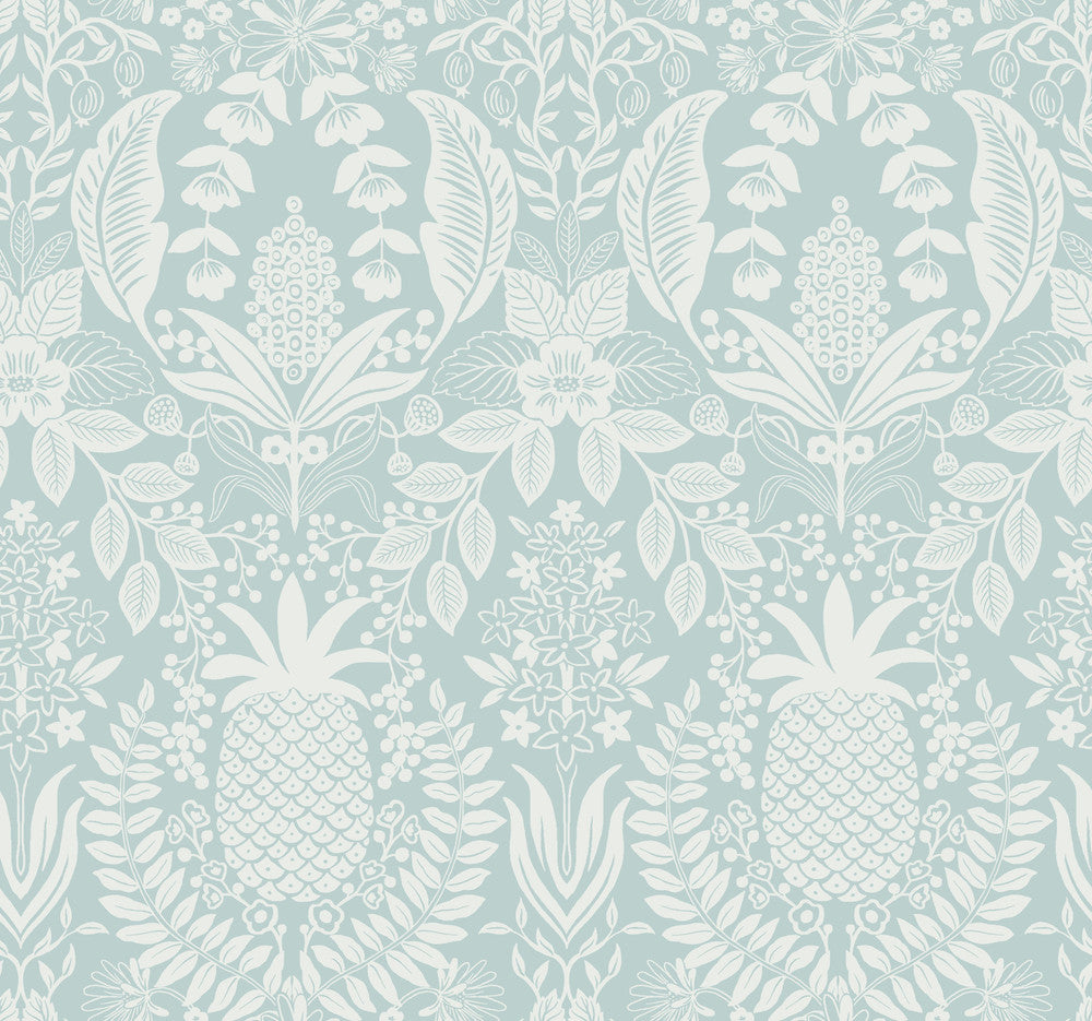 Pineapple Damask Light Blue Wallpaper by Rifle Paper Co. Designer Rifle Paper Co. 3rd Edition Covers about 60.8 square feet 27-in by 27-ft long roll Unpasted 25.25 - Swanky Fabrics -