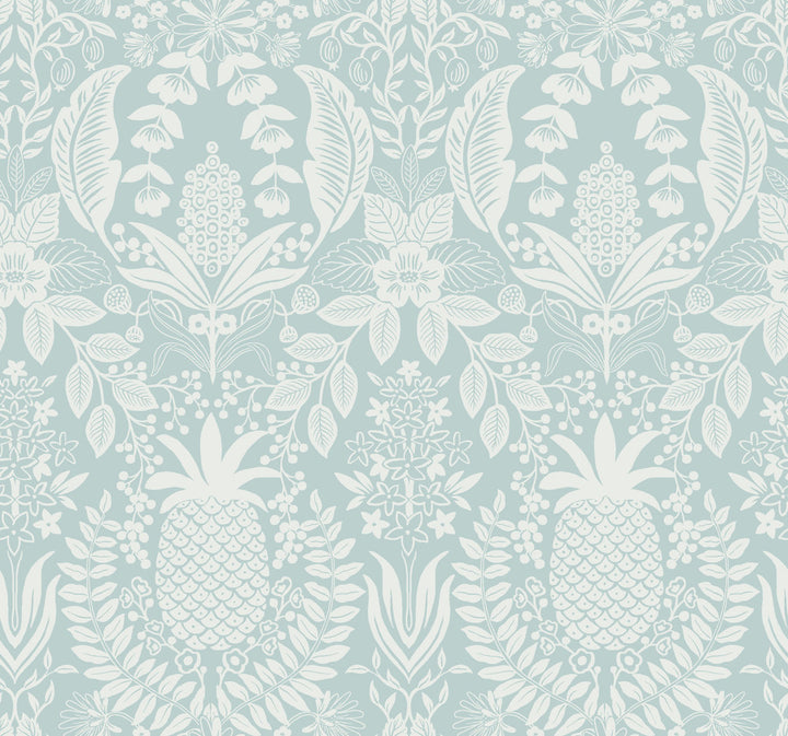 Pineapple Damask Light Blue Wallpaper by Rifle Paper Co. Designer Rifle Paper Co. 3rd Edition Covers about 60.8 square feet 27-in by 27-ft long roll Unpasted 25.25 - Swanky Fabrics -