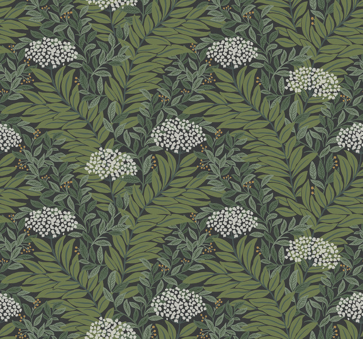 Highgrove Black Wallpaper by Rifle Paper Co. Designer Rifle Paper Co. 3rd Edition Covers about 60.8 square feet 27-in by 27-ft long roll Unpasted 12.63 - Swanky Fabrics -