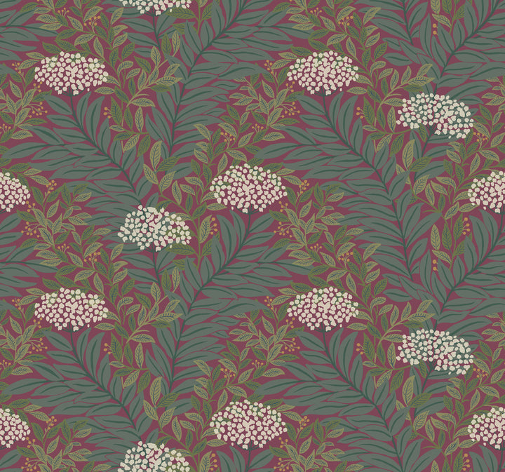 Highgrove Burgundy Wallpaper by Rifle Paper Co. Designer Rifle Paper Co. 3rd Edition Covers about 60.8 square feet 27-in by 27-ft long roll Unpasted 12.63 - Swanky Fabrics -