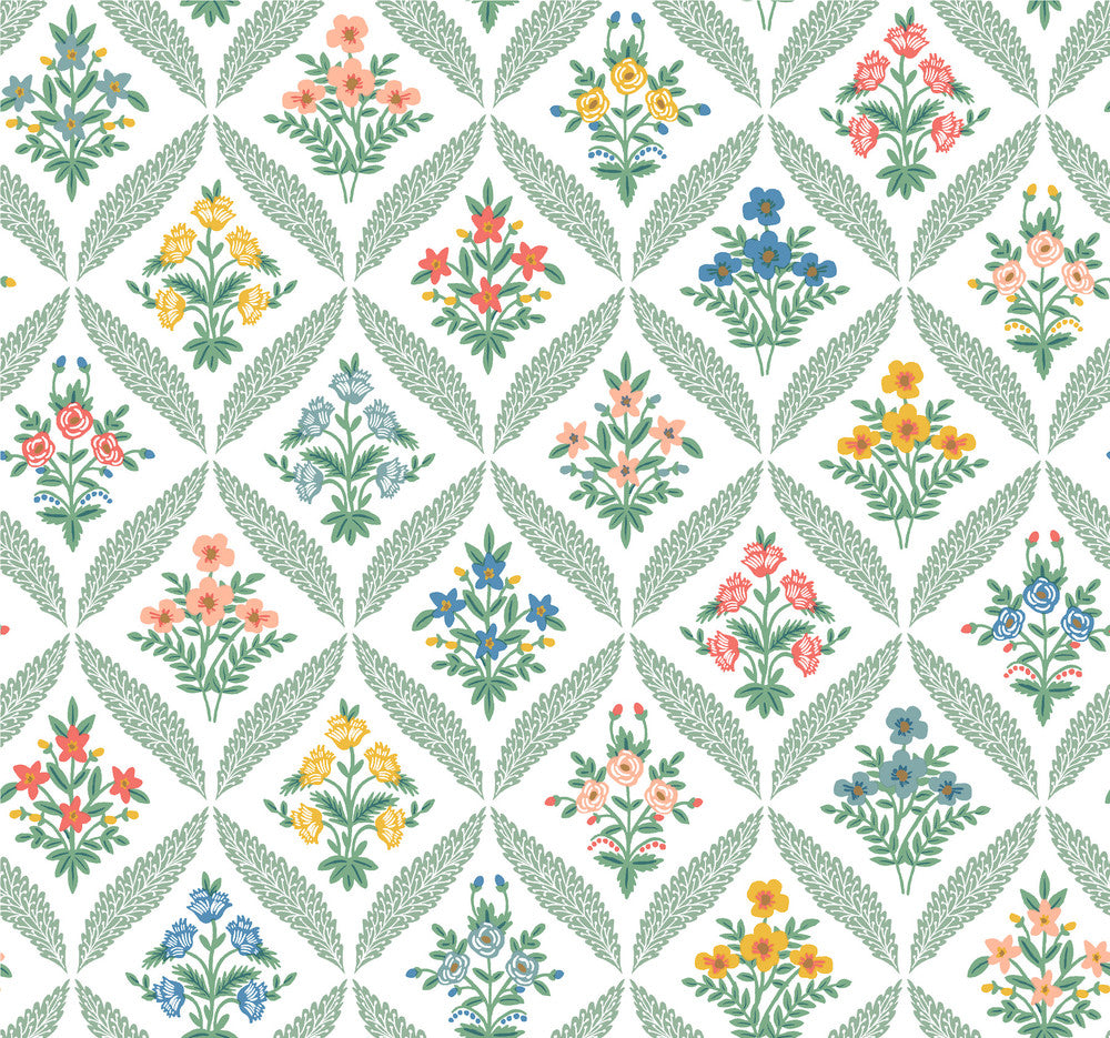 Estee Garden Sage Wallpaper by Rifle Paper Co. Designer Rifle Paper Co. 3rd Edition Covers about 60.8 square feet 27-in by 27-ft long roll Unpasted 25.25 - Swanky Fabrics -