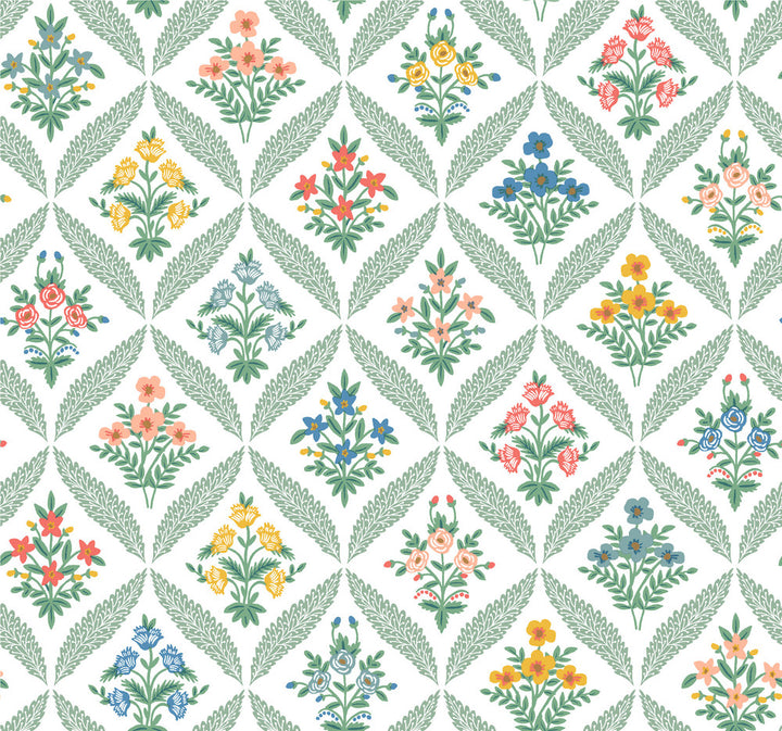 Estee Garden Sage Wallpaper by Rifle Paper Co. Designer Rifle Paper Co. 3rd Edition Covers about 60.8 square feet 27-in by 27-ft long roll Unpasted 25.25 - Swanky Fabrics -