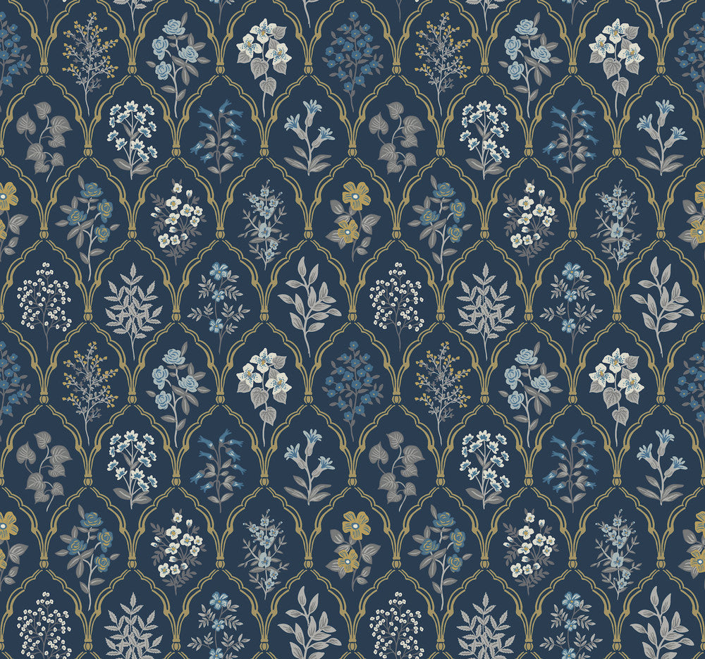 Hawthorne Navy & Gold Wallpaper by Rifle Paper Co. Designer Rifle Paper Co. Covers about 60.8 square feet 27-in by 27-ft long roll Unpasted 25.25 - Swanky Fabrics -