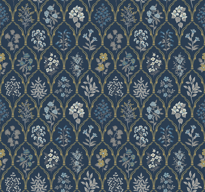 Hawthorne Navy & Gold Wallpaper by Rifle Paper Co. Designer Rifle Paper Co. Covers about 60.8 square feet 27-in by 27-ft long roll Unpasted 25.25 - Swanky Fabrics -