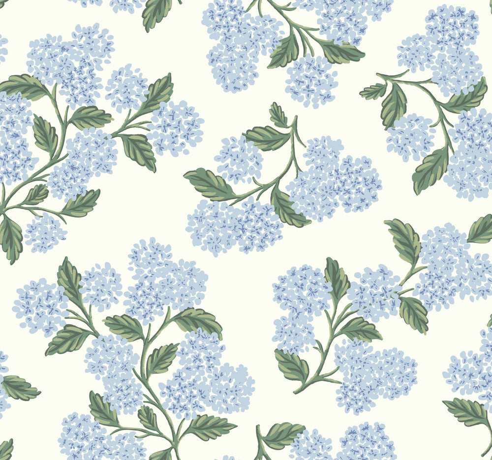 Hydrangea Blue & White Wallpaper by Rifle Paper Co. Designer Rifle Paper Co. Covers about 60.8 square feet 27-in by 27-ft long roll Unpasted 25.25 - Swanky Fabrics -