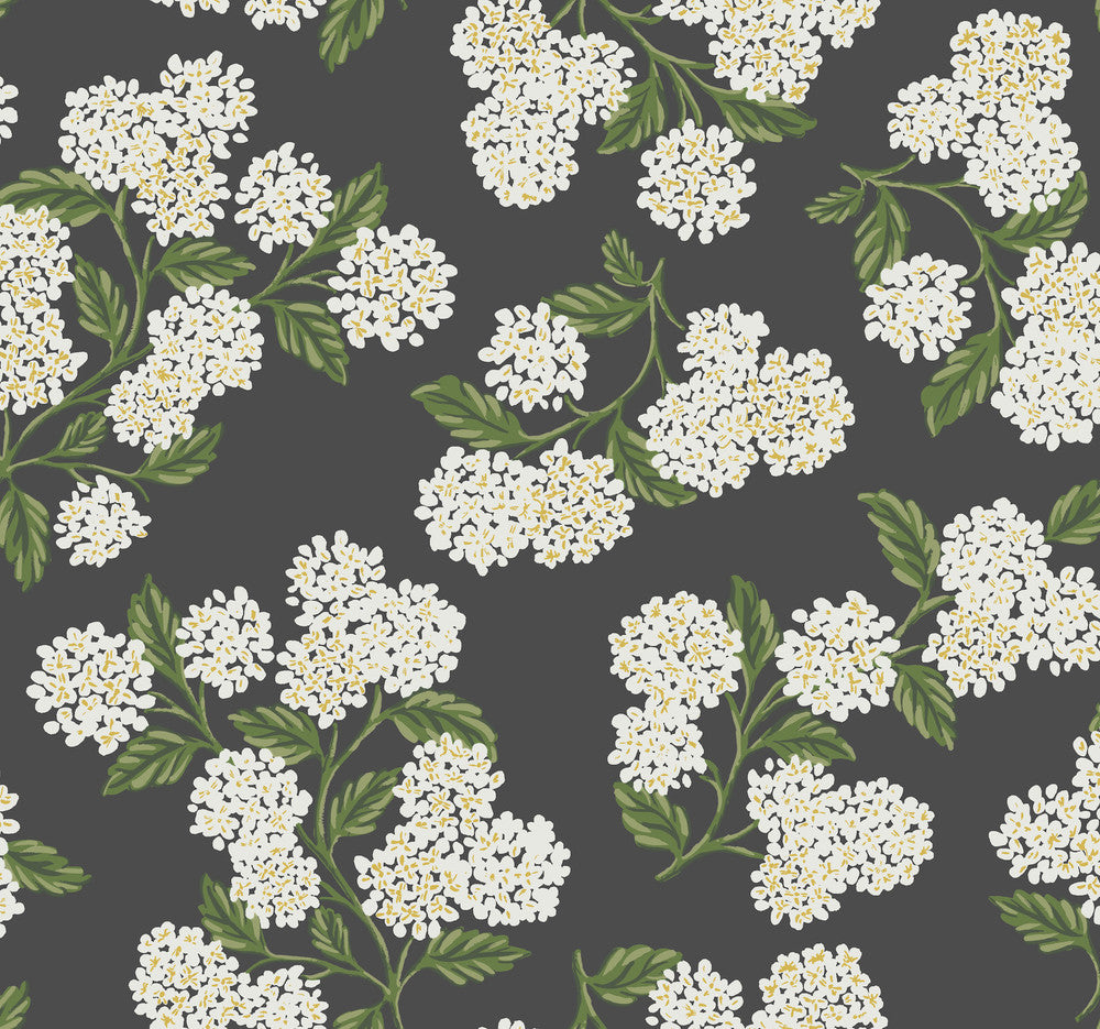 Hydrangea Black & White Wallpaper by Rifle Paper Co. Designer Rifle Paper Co. Covers about 60.8 square feet 27-in by 27-ft long roll Unpasted 25.25 - Swanky Fabrics -