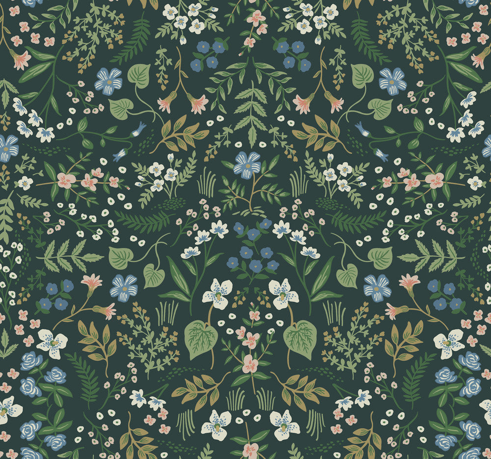 Wildwood Hunter Green Wallpaper by Rifle Paper Co. Designer Rifle Paper Co. Covers about 60.8 square feet 27-in by 27-ft long roll Unpasted 25.25 - Swanky Fabrics -