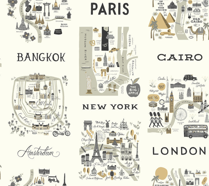 City Maps Grey & Gold Wallpaper by Rifle Paper Co. Designer Rifle Paper Co. Covers about 60.8 square feet 27-in by 27-ft long roll Unpasted 24 - Swanky Fabrics -