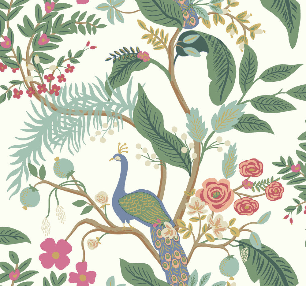 Peacock Periwinkle Wallpaper by Rifle Paper Co. Designer Rifle Paper Co. Covers about 60.8 square feet 27-in by 27-ft long roll Unpasted 25.25 - Swanky Fabrics -