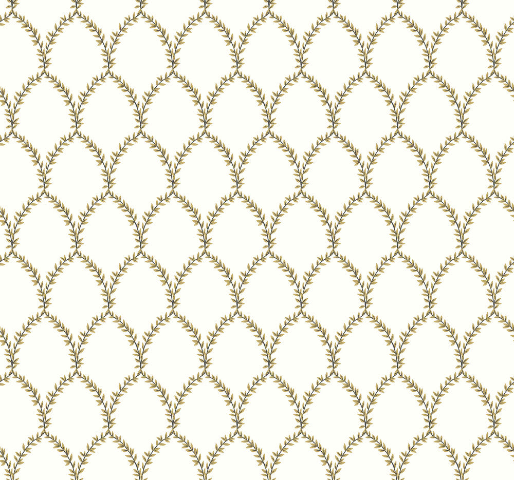 Laurel Gold & White Wallpaper by Rifle Paper Co. Designer Rifle Paper Co. Covers about 60.8 square feet 27-in by 27-ft long roll Unpasted 25.25 - Swanky Fabrics -