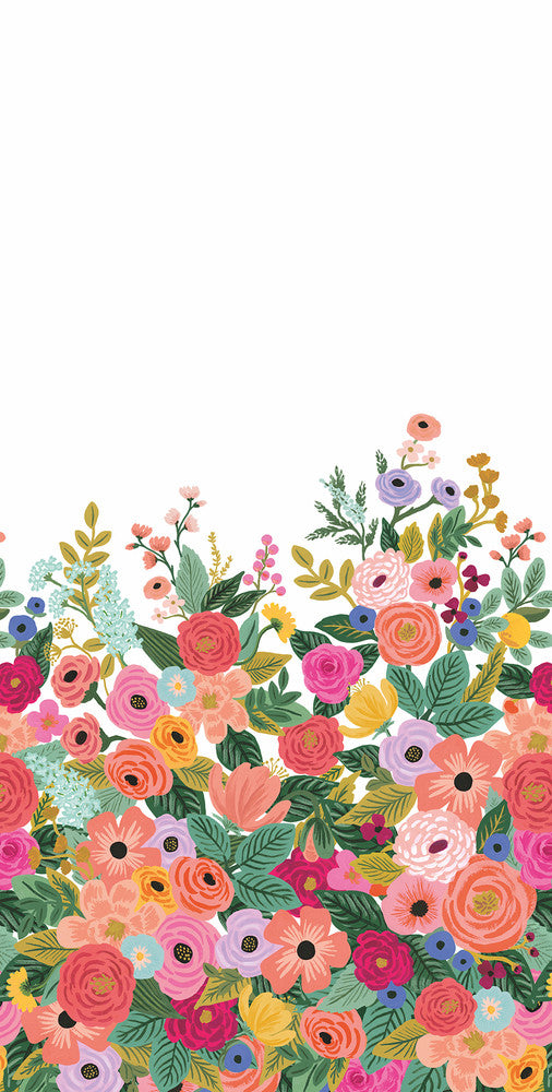 Garden Party Bright Pink Wall Mural by Rifle Paper Co. Designer Rifle Paper Co. 3rd Edition Covers 2 panels - measures 5.5-ft wide by 11.2-ft tall when assembled 33.25-in by 11.2-ft long roll Unpasted 0 - Swanky Fabrics -