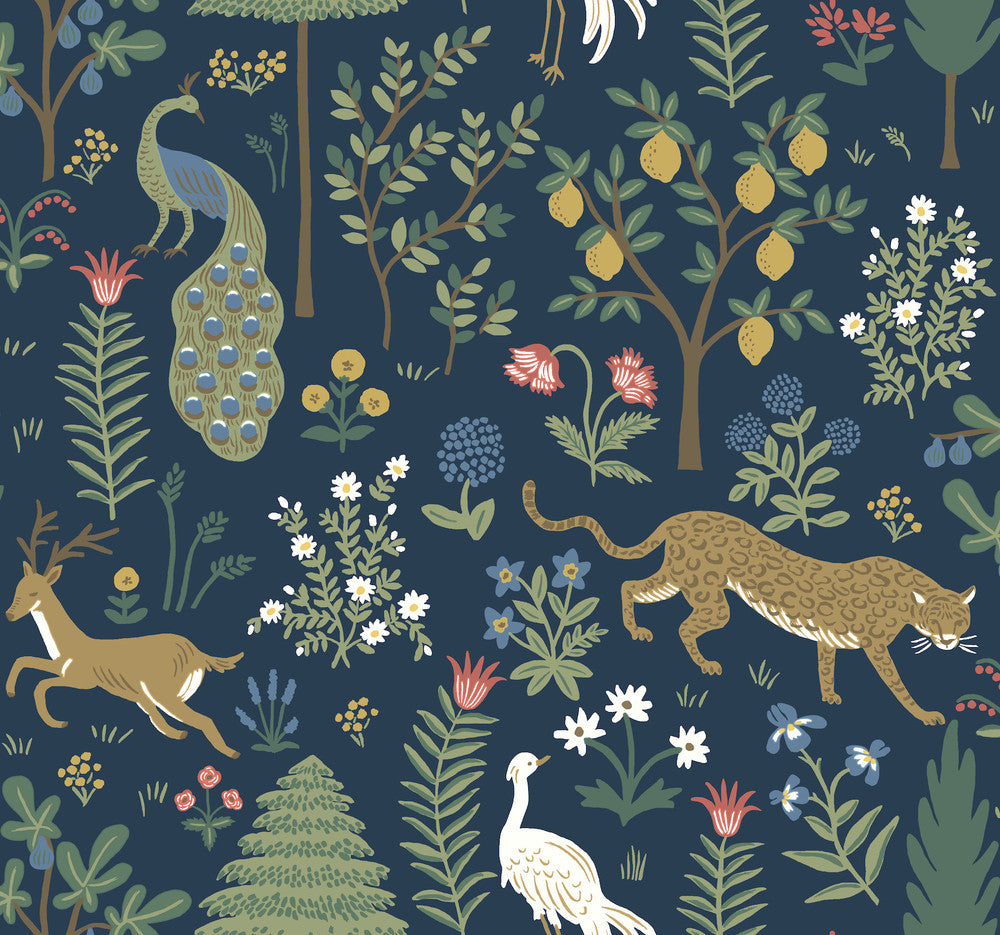 Menagerie Blue & Brown Wallpaper by Rifle Paper Co. Designer Rifle Paper Co. Second Edition Covers about 60.8 square feet 27-in by 27-ft long roll Unpasted 25.25 - Swanky Fabrics -