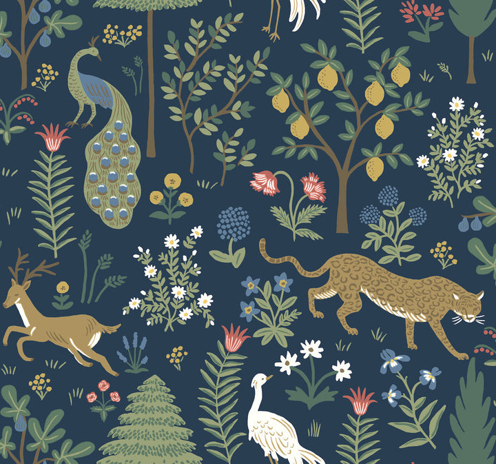 Menagerie Blue & Brown Wallpaper by Rifle Paper Co. Designer Rifle Paper Co. Second Edition Covers about 60.8 square feet 27-in by 27-ft long roll Unpasted 25.25 - Swanky Fabrics -