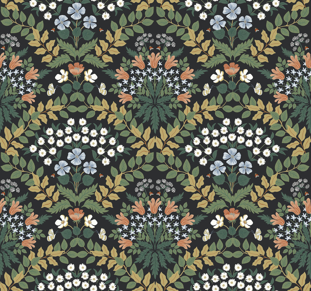Bramble Black & Green Wallpaper by Rifle Paper Co. Designer Rifle Paper Co. Second Edition Covers about 60.8 square feet 27-in by 27-ft long roll Unpasted 25.25 - Swanky Fabrics -