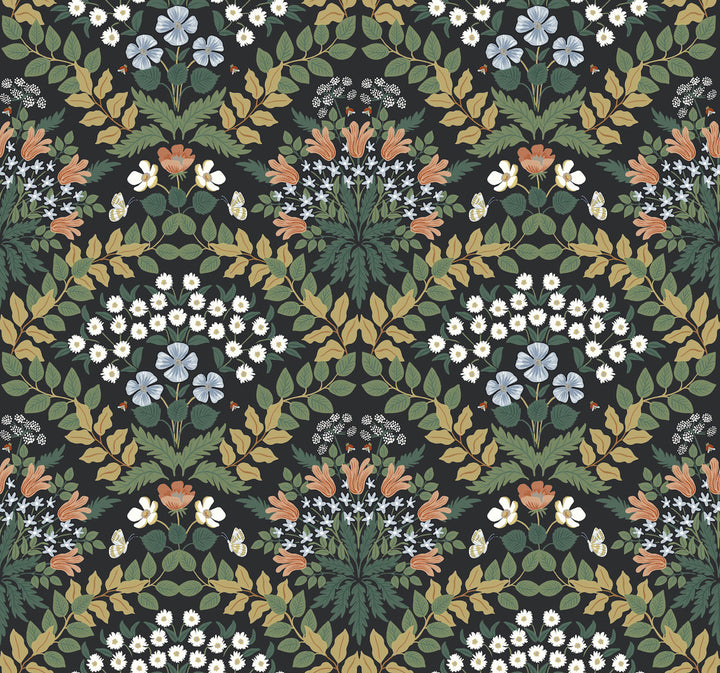 Bramble Black & Green Wallpaper by Rifle Paper Co. Designer Rifle Paper Co. Second Edition Covers about 60.8 square feet 27-in by 27-ft long roll Unpasted 25.25 - Swanky Fabrics -