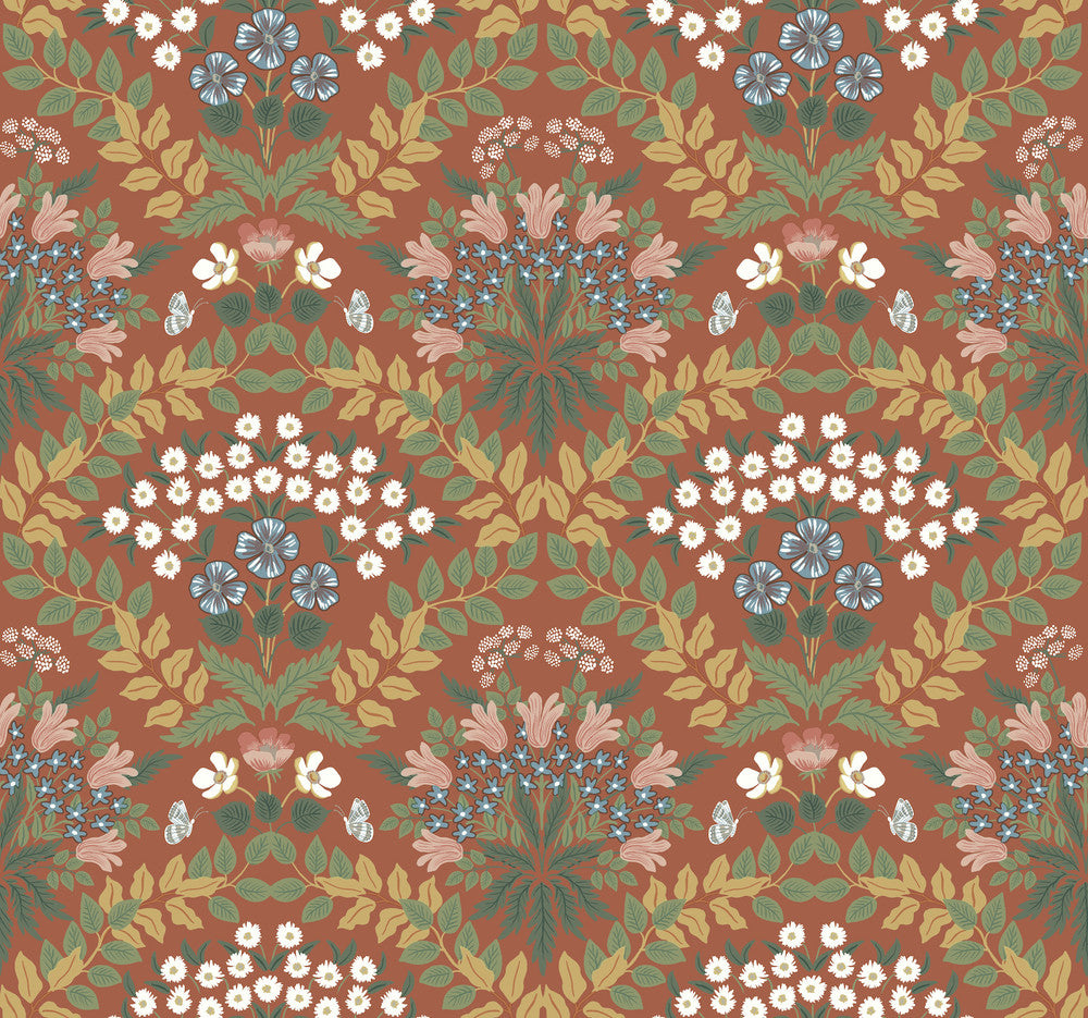 Bramble Red & Green Wallpaper by Rifle Paper Co. Designer Rifle Paper Co. Second Edition Covers about 60.8 square feet 27-in by 27-ft long roll Unpasted 25.25 - Swanky Fabrics -