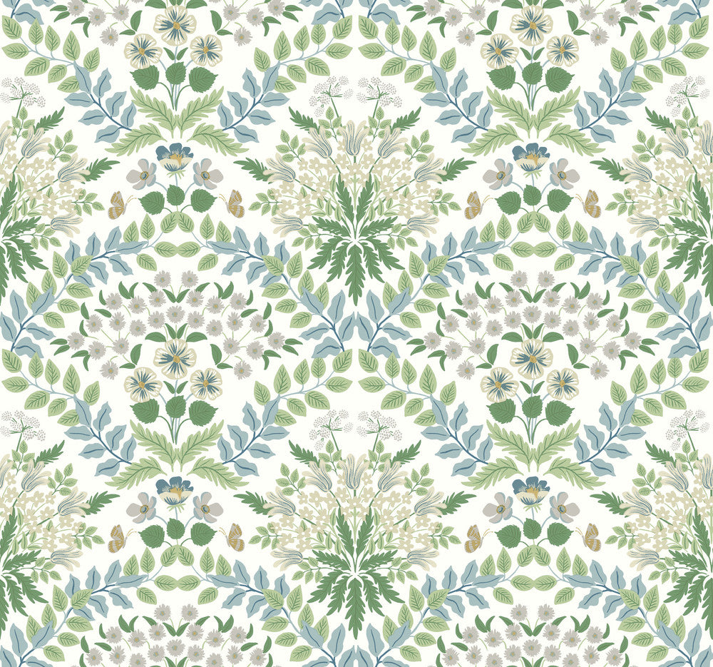 Bramble White & Blue Wallpaper by Rifle Paper Co. Designer Rifle Paper Co. Second Edition Covers about 60.8 square feet 27-in by 27-ft long roll Unpasted 25.25 - Swanky Fabrics -