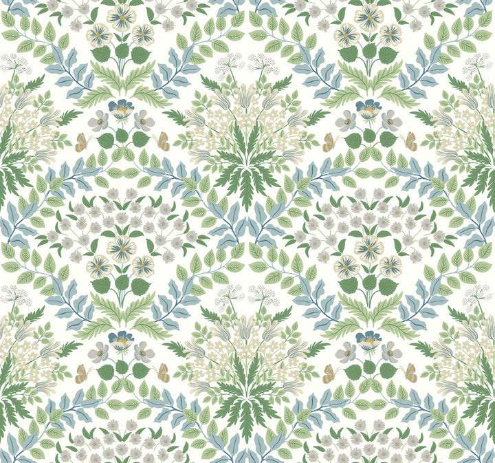 Bramble White & Blue Wallpaper by Rifle Paper Co. Designer Rifle Paper Co. Second Edition Covers about 60.8 square feet 27-in by 27-ft long roll Unpasted 25.25 - Swanky Fabrics -