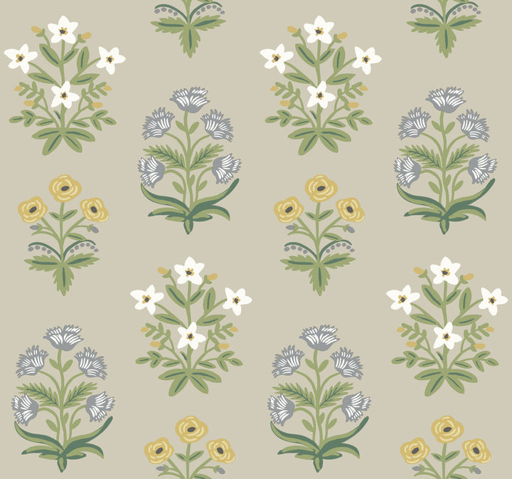 Mughal Rose Beige & Purple Wallpaper by Rifle Paper Co. Designer Rifle Paper Co. Second Edition Covers about 60.8 square feet 27-in by 27-ft long roll Unpasted 25.25 - Swanky Fabrics -