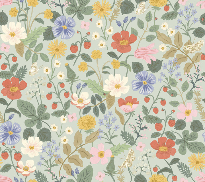 Strawberry Fields Green & Pink Wallpaper by Rifle Paper Co. Designer Rifle Paper Co. Second Edition Covers about 60.8 square feet 27-in by 27-ft long roll Unpasted 24 - Swanky Fabrics -