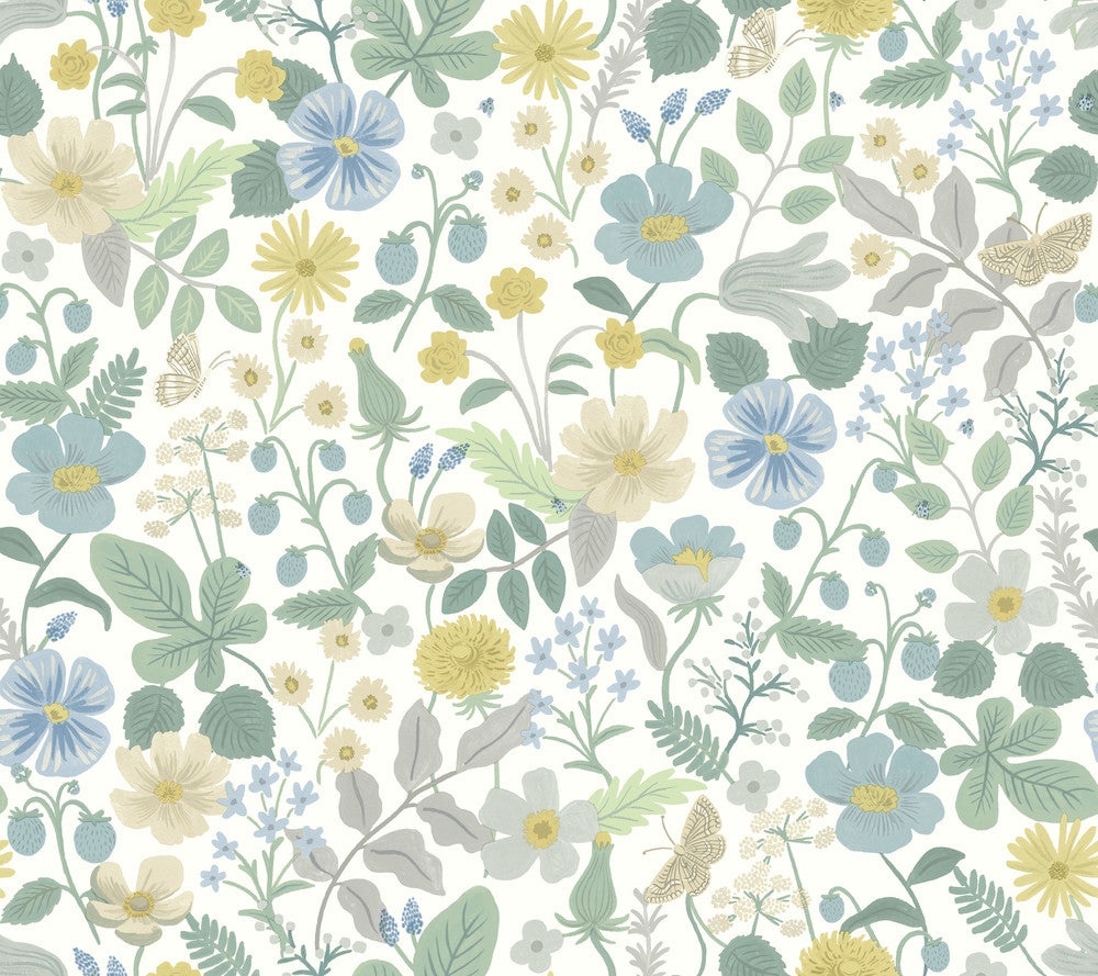 Strawberry Fields White & Green Wallpaper by Rifle Paper Co. Designer Rifle Paper Co. Second Edition Covers about 60.8 square feet 27-in by 27-ft long roll Unpasted 24 - Swanky Fabrics -