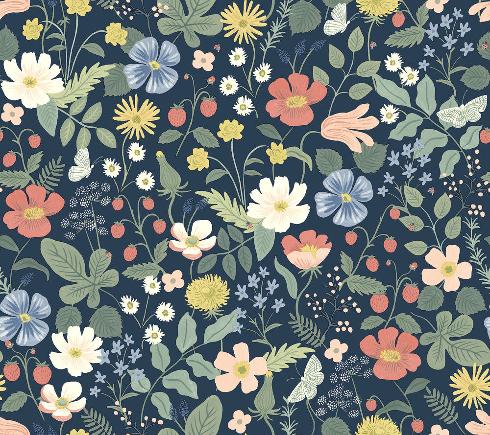 Strawberry Fields Blue & Pink Wallpaper by Rifle Paper Co. Designer Rifle Paper Co. Second Edition Covers about 60.8 square feet 27-in by 27-ft long roll Unpasted 24 - Swanky Fabrics -