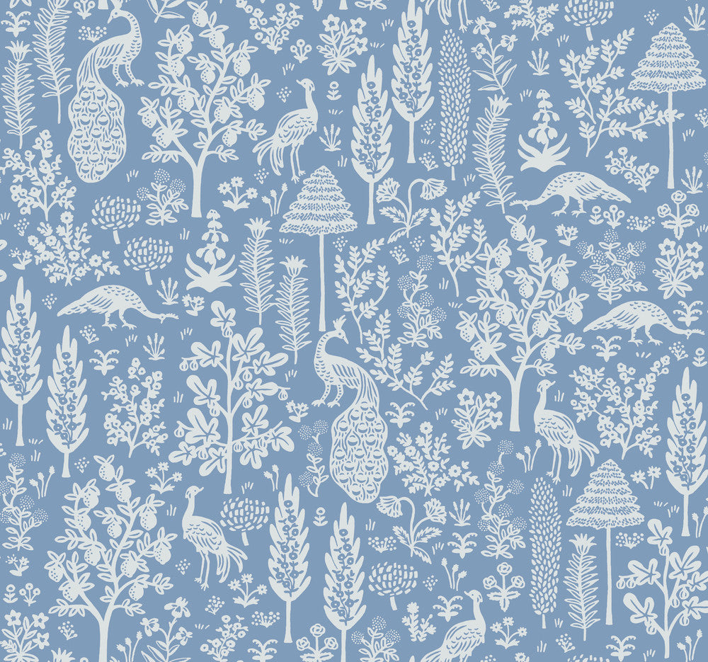 Menagerie Toile Light Blue Wallpaper by Rifle Paper Co. Designer Rifle Paper Co. Second Edition Covers about 60.8 square feet 27-in by 27-ft long roll Unpasted 25.25 - Swanky Fabrics -
