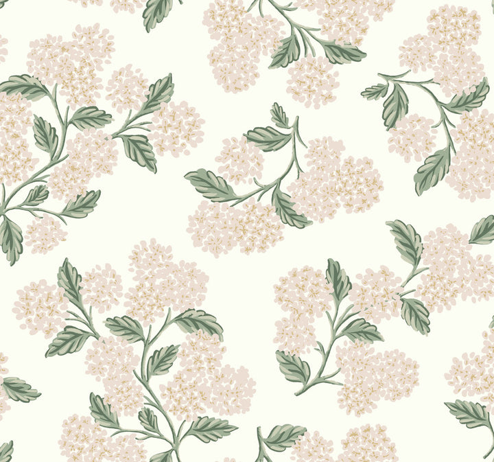 Hydrangea Beige & Pink Wallpaper by Rifle Paper Co. Designer Rifle Paper Co. Second Edition Covers about 60.8 square feet 27-in by 27-ft long roll Unpasted 25.25 - Swanky Fabrics -