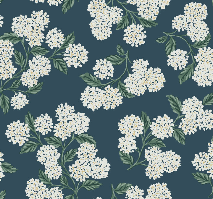 Hydrangea Blue Wallpaper by Rifle Paper Co. Designer Rifle Paper Co. Second Edition Covers about 60.8 square feet 27-in by 27-ft long roll Unpasted 25.25 - Swanky Fabrics -