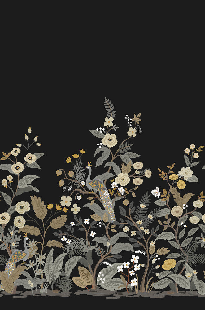 Peacock Black Wall Mural by Rifle Paper Co. Designer Rifle Paper Co. Second Edition Covers 3 panels - measures 6.75-ft wide by 10.2-ft long when assembled 27-in by 10.2-ft long roll Unpasted 0 - Swanky Fabrics -