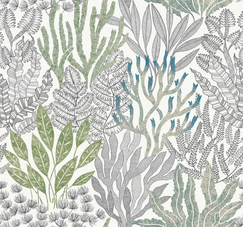 Coral Leaves Blue & Green Wallpaper by York Wallcoverings Designer Toile Resource Library Covers about 60.8 square feet 27-in by 27-ft long roll Unpasted 25.25 - Swanky Fabrics -