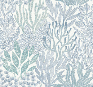Coral Leaves Blue & Aqua Wallpaper by York Wallcoverings Designer