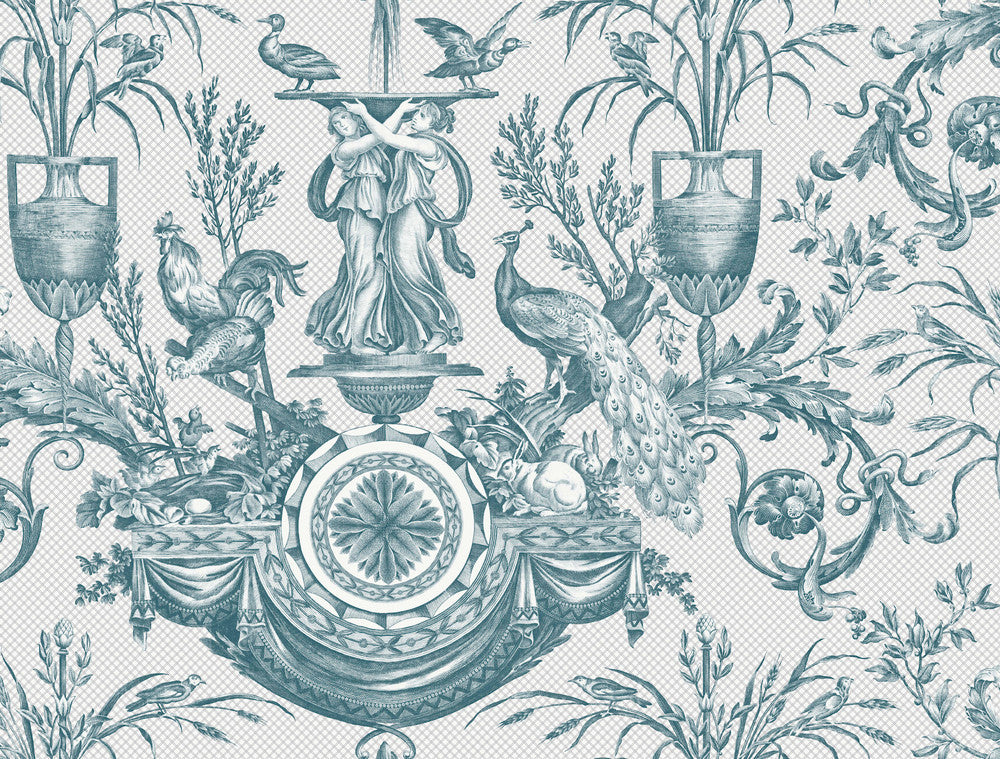 Avian Fountain Toile Jade Wallpaper by York Wallcoverings Designer Toile Resource Library Covers about 60.8 square feet 27-in by 27-ft long roll Unpasted 20.5 - Swanky Fabrics -