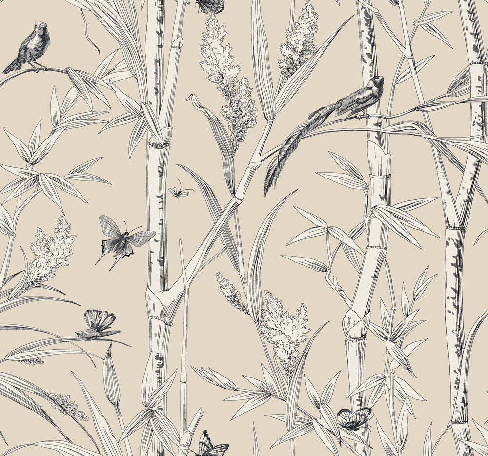 Bambou Toile Beige Wallpaper by York Wallcoverings Designer Toile Resource Library Covers about 60.8 square feet 27-in by 27-ft long roll Unpasted 25.25 - Swanky Fabrics -