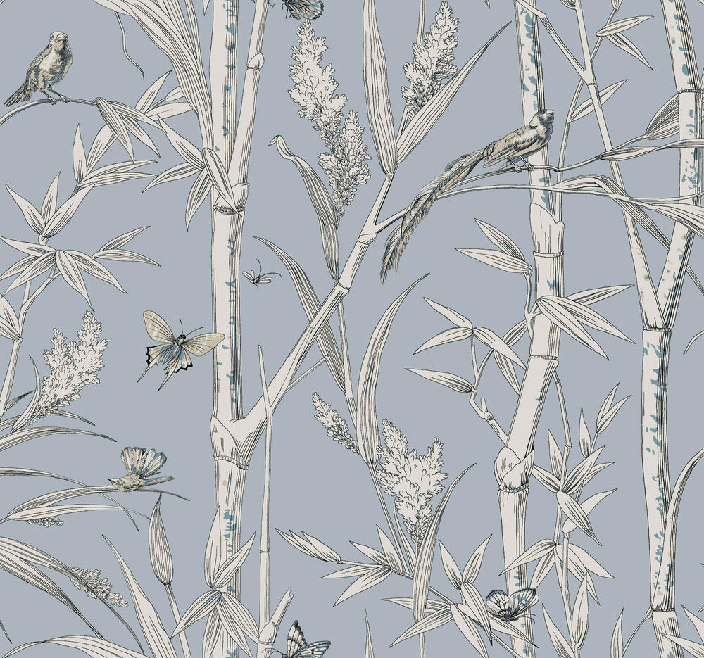 Bambou Toile Sky Blue Wallpaper by York Wallcoverings Designer Toile Resource Library Covers about 60.8 square feet 27-in by 27-ft long roll Unpasted 25.25 - Swanky Fabrics -