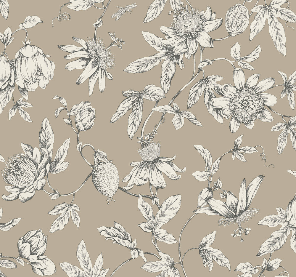 Passion Flower Toile Linen Wallpaper by York Wallcoverings Designer Toile Resource Library Covers about 60.8 square feet 27-in by 27-ft long roll Unpasted 25.25 - Swanky Fabrics -