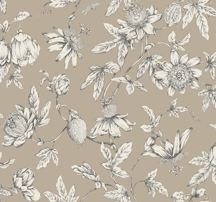 Passion Flower Toile Linen Wallpaper by York Wallcoverings Designer Toile Resource Library Covers about 60.8 square feet 27-in by 27-ft long roll Unpasted 25.25 - Swanky Fabrics -