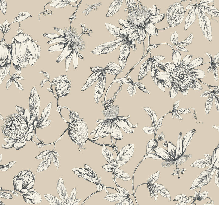 Passion Flower Toile Beige Wallpaper by York Wallcoverings Designer Toile Resource Library Covers about 60.8 square feet 27-in by 27-ft long roll Unpasted 25.25 - Swanky Fabrics -