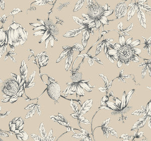 Passion Flower Toile Beige Wallpaper by York Wallcoverings Designer