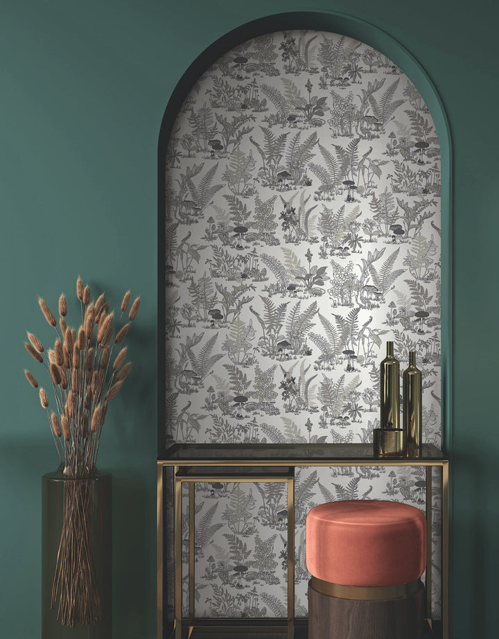 Mushroom Garden Toile Black & Grey Wallpaper by York Wallcoverings Designer