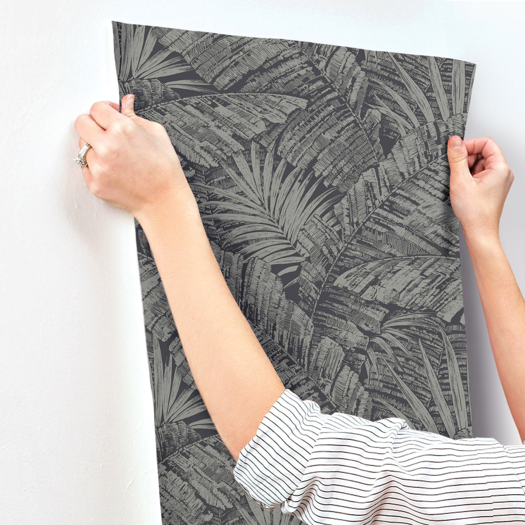 Palm Cove Toile Silver & Black Wallpaper by York Wallcoverings Designer