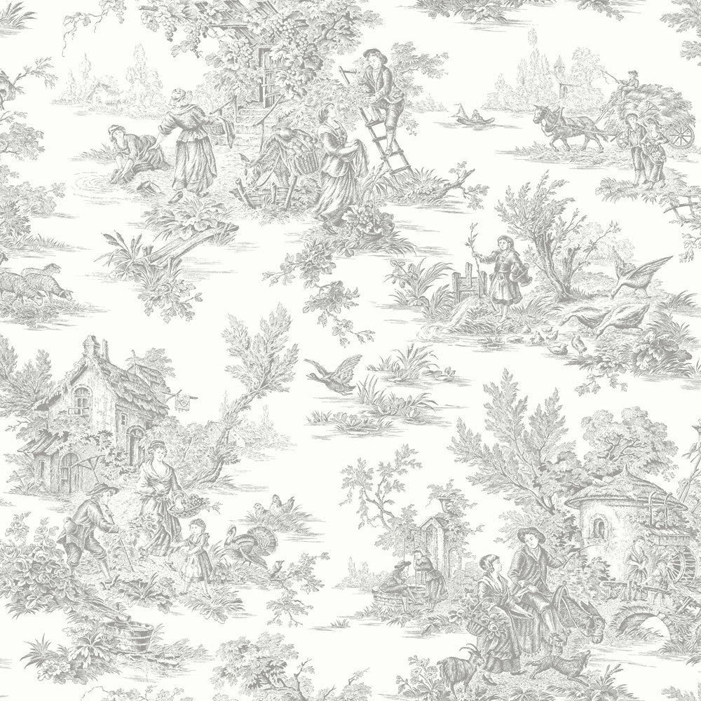 Campagne Toile Grey Wallpaper by York Wallcoverings Designer Toile Resource Library Covers about 56.4 square feet 20.5-in by 33-ft long roll Prepasted 20.5 - Swanky Fabrics -