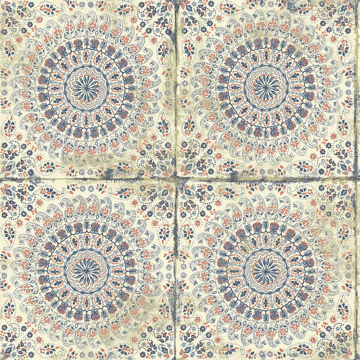 Mandala Boho Tile Coral, Cream, and Midnight Blue RY30706 by Seabrook Designs Designer Wallpaper
