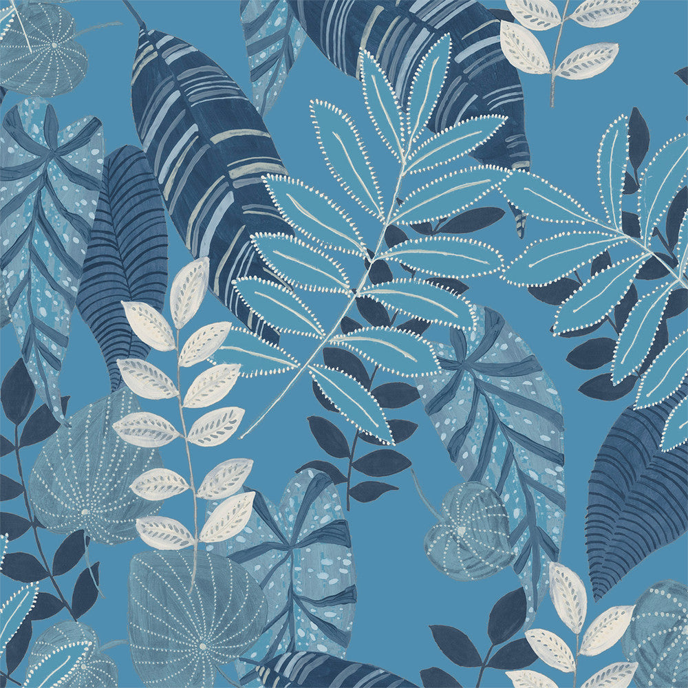 Tropicana Leaves Fabric Sky Blue and Champlain RY32012F by Seabrook Designs Designer Fabric