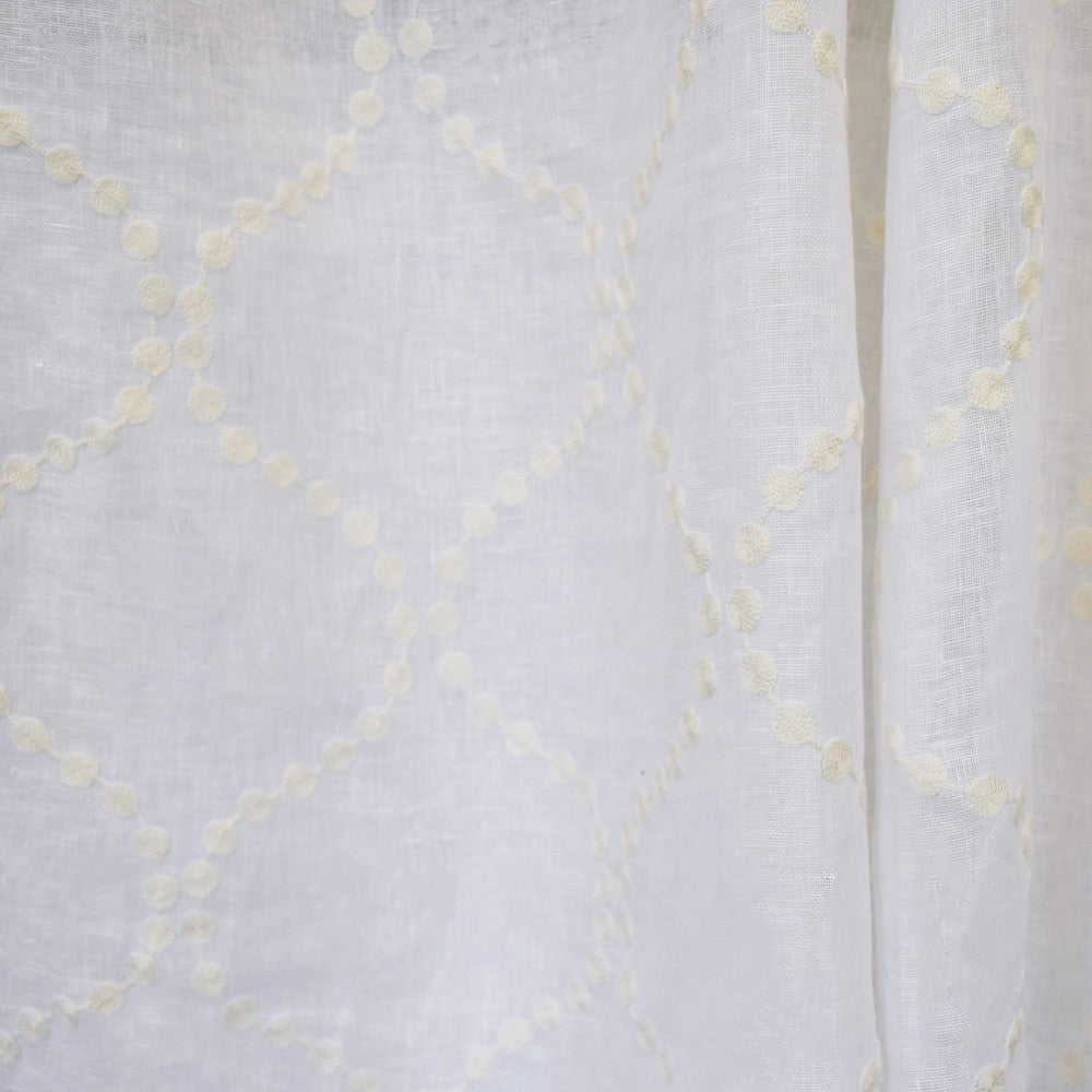 S2611 Winter White by Greenhouse Designer Fabric S33: Statement Window 100% Linen With 100% Viscose Embroidery India Drapery double rubs </p><p>Repeat: 6.85" H, 8" V 52" - Swanky Fabrics -