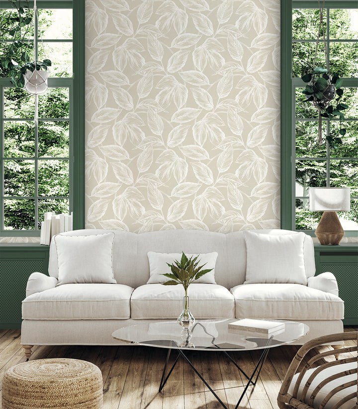 Beckett Sketched Leaves Oat SC20005 by Seabrook Designs Designer Wallpaper
