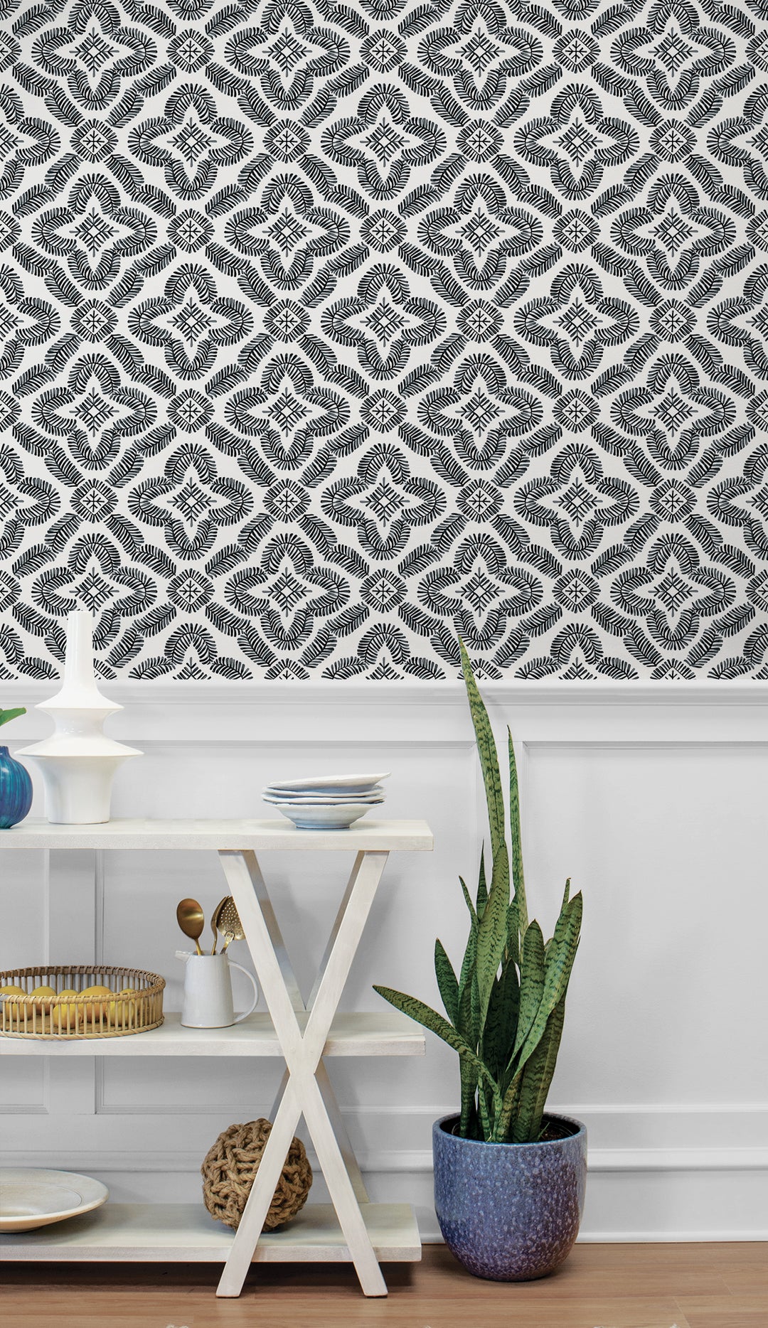 Talia Botanical Medallion Black and White SC21300 by Seabrook Designs Designer Wallpaper